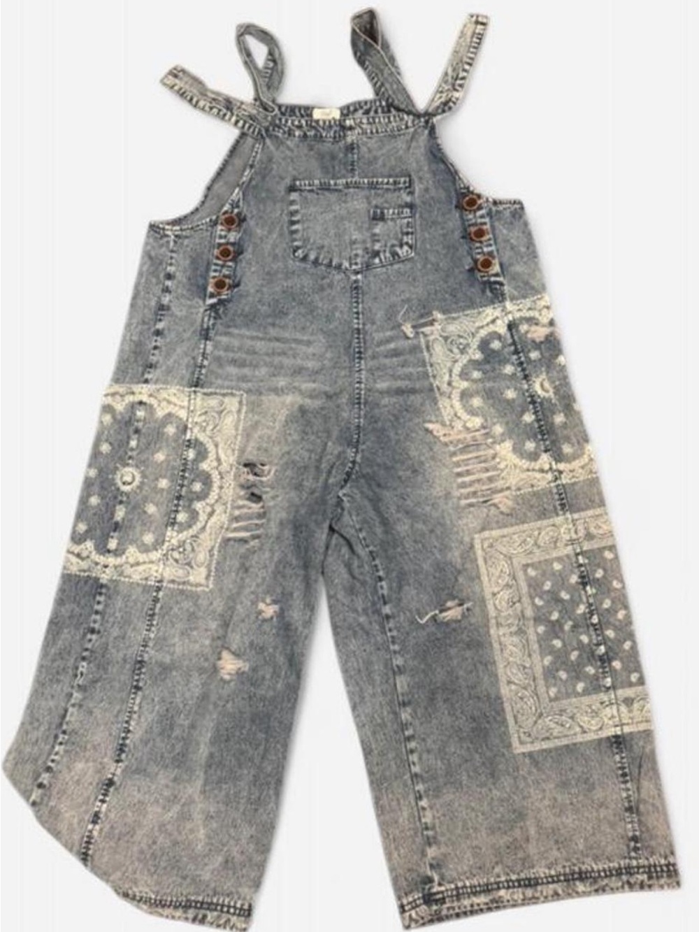 EASEL Washed Gray and Denim Overalls with Bandana Patch Print